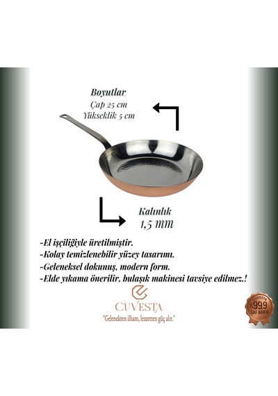 Cuvesta Şef Tipi Modern Kalın 1.5mm Bakır Kızartma Tavası 25 5cm