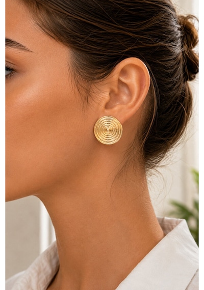 Kadın Gold Spiral Desenli Büyük Küpe Parlak Gold Yuvarlak Stateme Altın