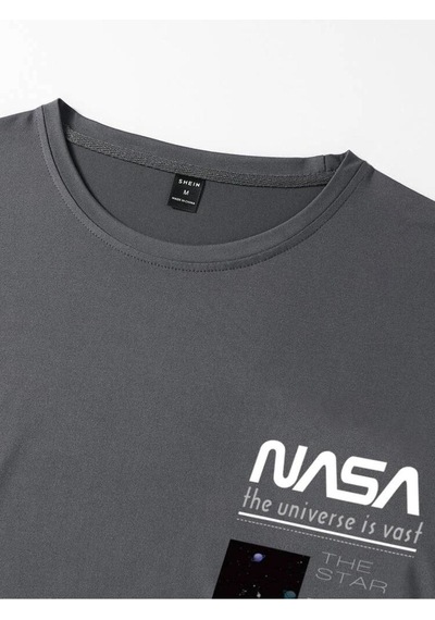 Füme Oversize Nasa Baskılı T-shirt - Oversize Baskılı Füme
