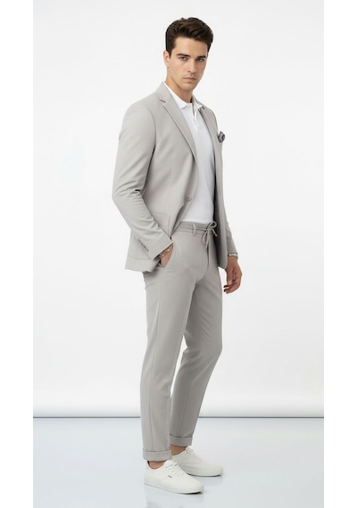 Pike Kumaş Jogger Pantolonlu Erkek Takım Elbise Torba Cepli Tek Düğme Slim Fit Kombin Gri