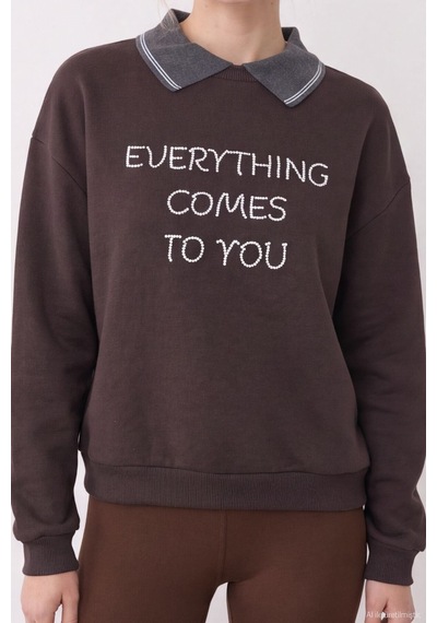 Quzu Nakış Detaylı Sweatshirt Kahve Kahverengi