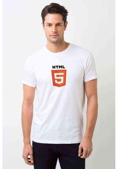 Html 5 Baskılı Beyaz Erkek Tshirt