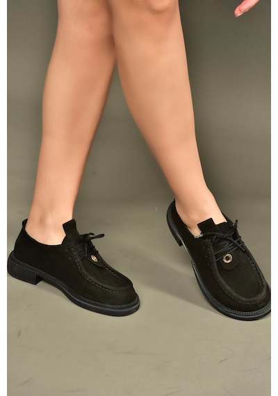 Fox Shoes V944085601 Siyah Hakiki Deri Nubuk Bağcıklı Günlük Kadın Ayakkabı Siyah