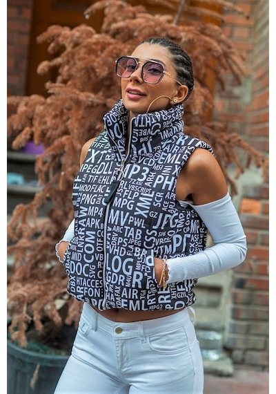 Genel Siyah Beyaz Yazılı Dik Yaka Beli Lastikli Cepli Kısa Şişme Yelek