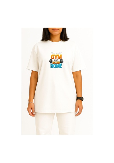 Bahriyeli Collection Oversize Gym Benim İkinci Evim Göğüs Baskılı Unisex T-shirt Beyaz