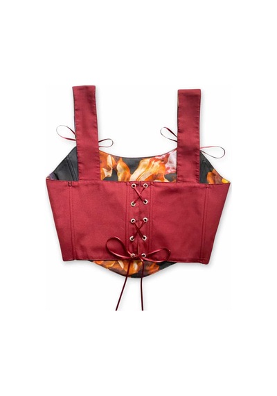 L'aura Corset Lale Desenli Çift Taraflı Bayan Korse Büstiyer Kırmızı