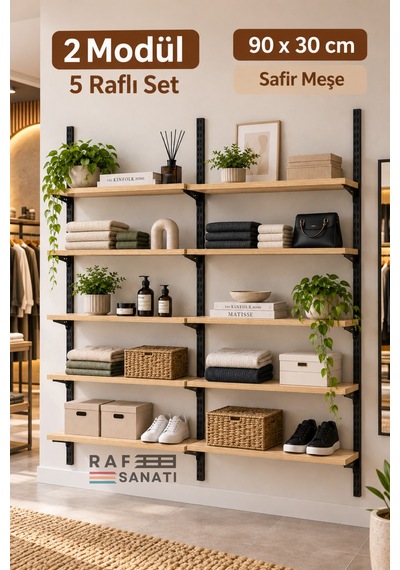 2 Modül 90x30 Cm 10 Raflı Geniş Mağaza Duvar Rafı Konik Dikme Sistem Safir Meşe Suntalam