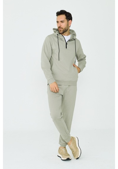 White Stone Açık Yeşil Kapüşonlu Yarım Fermuarlı Yandan Cepli Erkek Sweatshirt Khaık