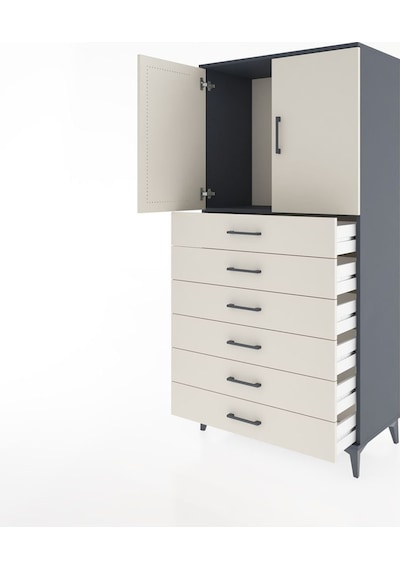 Hyperion Dolap Tek Raflı 6 Çekmeceli 2 Kapaklı 88x44x182 Antrasit-aytaşı Antrasit