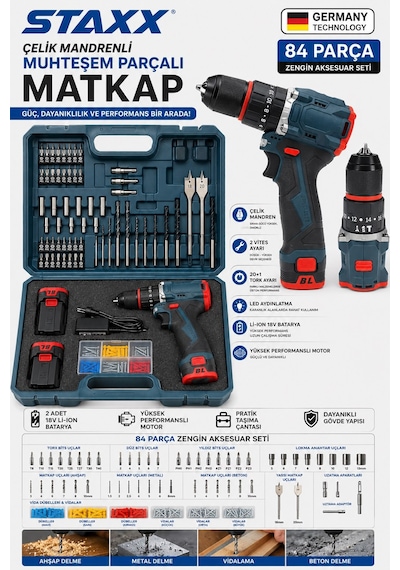 Staxx S18vfk 84 Parça Çelik Mandrenli Brushless Şarjlı Matkap Seti 18v X2 Çift Akülü Vidalama Delme
