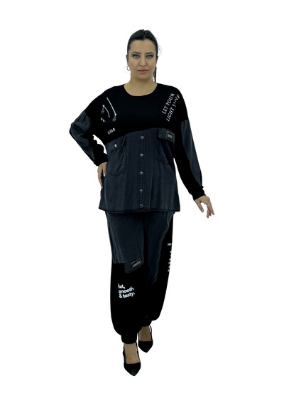 Büyük Beden Viskon Düğme Detaylı Önden Cepli Jogger Lastikli İkili Kadın Takım Antrasit Büyük Beden Viskon Düğme Detaylı Önden Cepli Jogger Lastikli İkili Kadın Takım Antrasit
