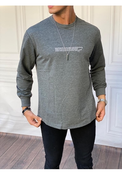 Modefendi Yarım Oversize Yazı Detaylı Sweat Füme