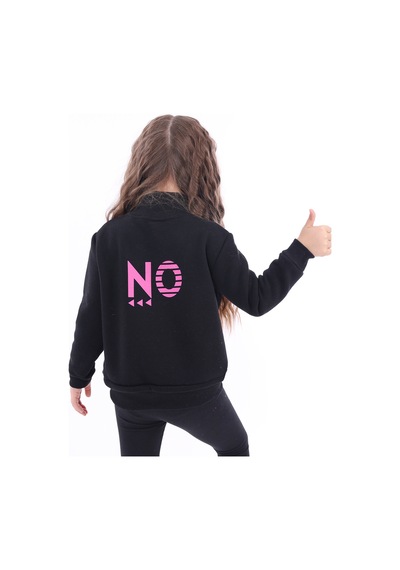 Kız Çocuk Relax Fit Dik Yaka Fermuarlı Baskılı Sweatshirt - 3 İplik Şardonlu Siyah