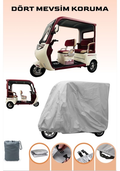 Gri Kabinli Arora Derya Pro 3teker Brandası Elektrikli Moped Brandası 4 Mevsim Koruma