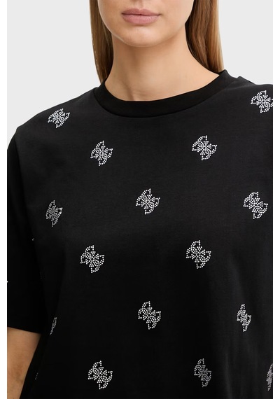 Guess Silvy 4g Ss Cn % 100 Pamuk Boxy Fit Taşlı T Shirt Bayan T Shirt V6gı18 K2985 Jblk Siyah