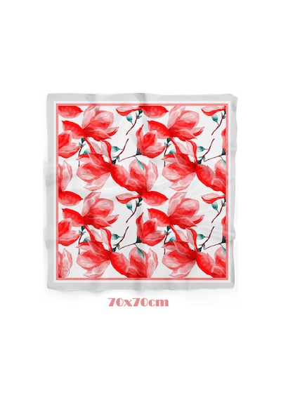 Enerjik Kırmızı Çiçek Desen 70 70cm Bandana/fular Çok Renkli