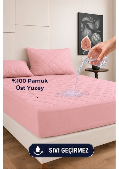 %100 Pamuk Renkli Kapitone Sıvı Geçirmez Alez Çarşaf - Pembe