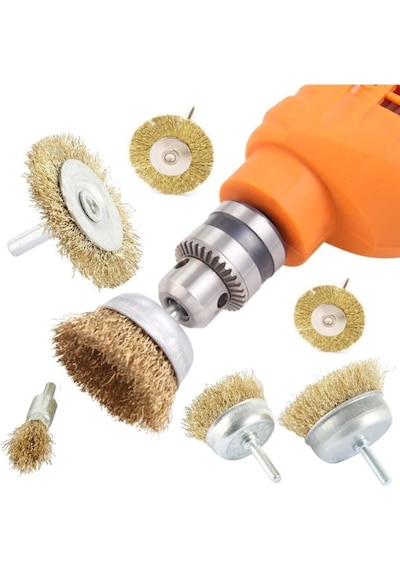 6 Parça Pimli Matkap Tel Fırça Seti 38mm+50mm+75mm+100mm Dairesel +25mm Kalem+75mm Çanak