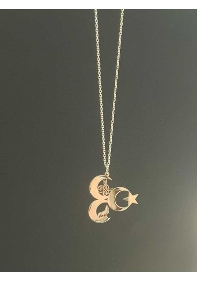 Vog Unisex Üç Hilal Tuğra,kurt V Ay Yıldız 925 Ayar Gümüş Sevgiliye,anneye,arkadaşa Hediye Kolye