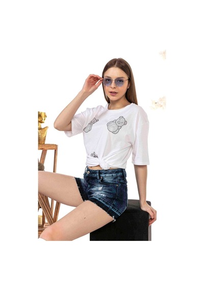 Kadın Oversize Taş Işlemeli Minik Ayıcık Baskılı Tshirt (534304862)