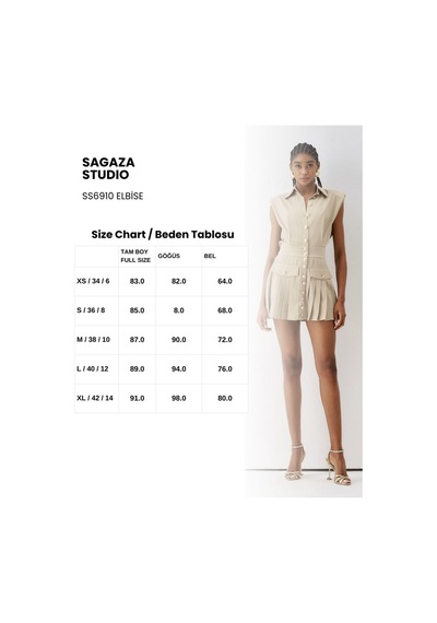 Sagaza Studio Ss6190 Düğmeli Mini Elbise Bej Cızgı