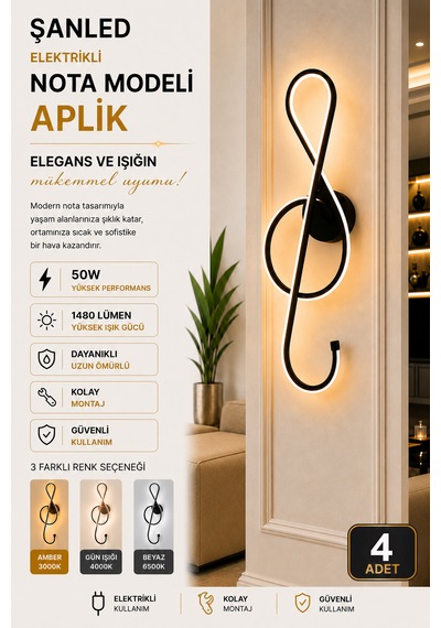 Dekoratif 50w Nota Modeli İç Mekan Siyah Kasa 3 Renkli Işık Elektrikli Duvar Aplik 4 Adet