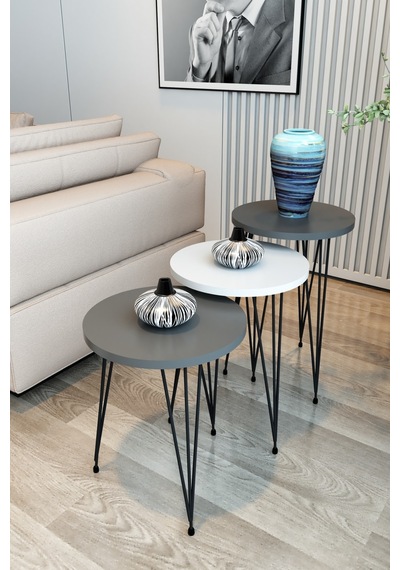3'lü Zigon Sehpa Yuvarlak Model Zigon Sehpa Metal Tel Ayak Orta Sehpa Beyaz