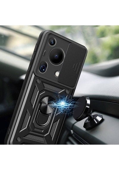 Ennar Huawei Pura 70 Ultra Kılıf Magnetik Standlı Sürgülü Kamera Korumalı 360 Döner Yüzüklü Kapak Siyah