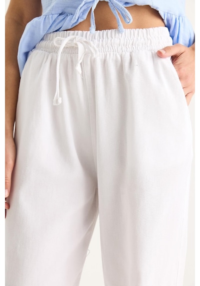 Kadın Beli Lastikli Paça Detaylı Palazzo Kalıp Pamuk Gabardin Yazlık Pantolon 60283323 - Beyaz