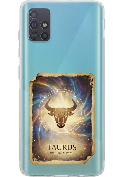 Samsung Galaxy A51 İle Uyumlu Burç Kartları Boğa Tasarımlı Şeffaf Silikon Kılıf Şeffaf