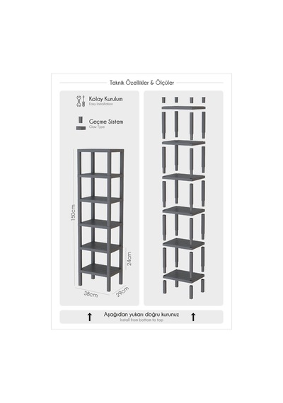 Shelf 6 Katlı Düzenleyici Plastik Raf Ünitesi Gri, Kitaplık, Mutfak, Banyo Rafı Dolabı Gri