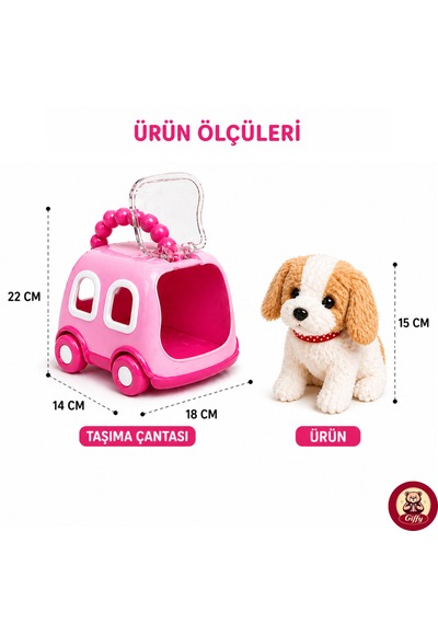 Oyuncak Köpek Taşıma Çantalı Sesli Hareketli Pilli, Emekleme Oyuncağı Aksesuarlı Çocuklar İçin Eğitici Hayvan Sevgisi Pembe