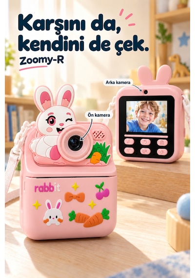 Kj/zm-003 Zoomy-r Tavşan Figürlü Anında Baskılı Çocuk Fotoğraf Makinesi, Çift Kamera, 2,4 İnç Ekran, 1080p Video, 3+ Yaş Pembe