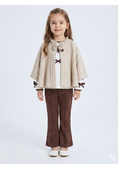 Xo Kids Pelerin Detaylı Kız Çocuk 3lü Alt Üst Takım 4-10 Yaş 4406 Ekru