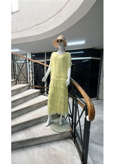 Bohem Stil İtalyan 2 Beden Ince Gösteren Yarım Kol Kat Kat Ipek Elbise-8794 Sarı