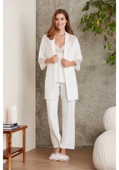 Pierre Cardin 2820 Kadın Ekru Dantelli Penye 3'lü Sabahlıklı Pijama Takım Ekru