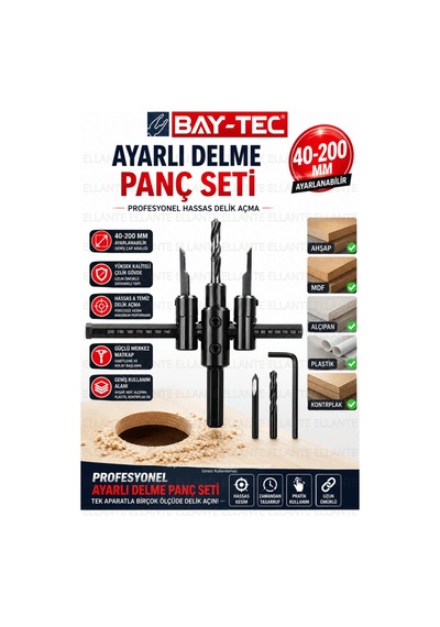 Bay-tec 40-200 Mm Ayarlı Delme Panç Seti Ahşap Mdf Alçıpan Pvc Delik Açma Aparatı