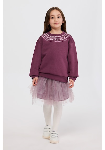 Panço Kız Çocuk Nakışlı Sweatshirt Gri Mürdüm