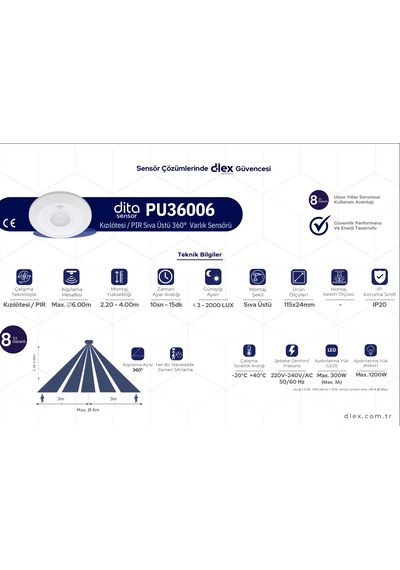 Dita Pu36006 Kızılötesi / Pır Sıva Üstü 360 Varlık Sensörü