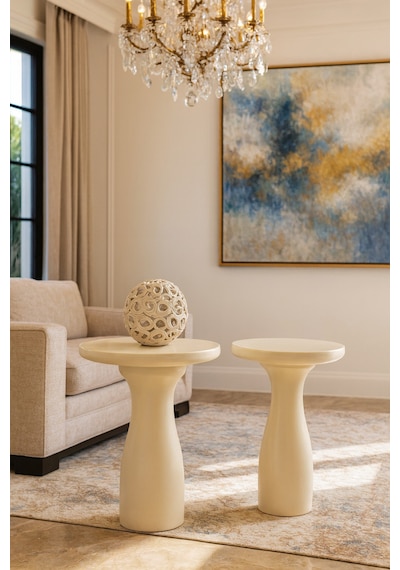 Krem Renk Masif Ahşap Yan Sehpa Modern 2 Li Zigon Takım - Coffee Table Bej