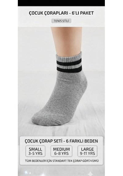 Km Collections 6'lı Çocuk Tenis Çorabı Gri