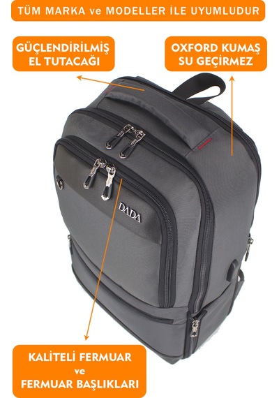 14"-15,6" İnç Körüklü Gri Laptop Sırt Çantası Unisex Su Geçirmez Kumaş Gri