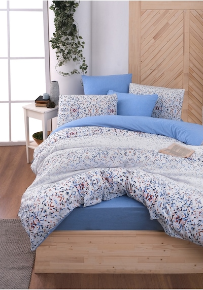 Mystory Home Lastikli Çarşaflı Çift Kişilik Nevresim Takımı Bluem Mavi