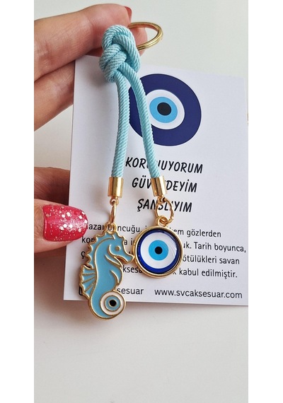 Hediyelik Çift Nazar Boncuklu Açık Mavi Şans Denizatı Anahtarlık 10,5 Cm