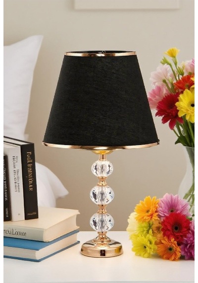 3 Taşlı 55 Cm Masa Abajuru Cam Gövde Kumaş Başlık Metal Ayaklı Gece Lambası Aydınlatma Siyah