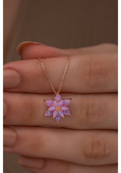Pembe Opal Taşlı 925 Ayar Gümüş Lotus Kolye
