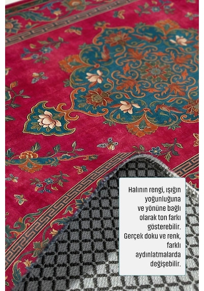 Oriental Garden Fuşya Petrol Çiçek Ve Kuş Desenli Dekoratif Halı 3044-1 Bordo