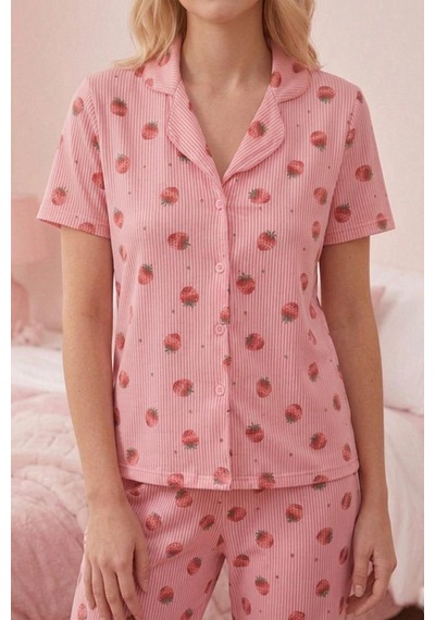 Çilek Desenli Düğmeli Kısa Kollu Pijama Takımı 4588 Pembe