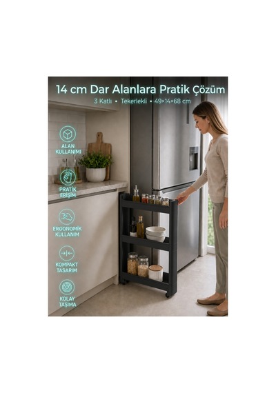 3'lü Slim Dar Alan Organizer Raf, Tekerlekli Çok Amaçlı Mutfak Ve Banyo Düzenleyici Siyah Siyah Siyah
