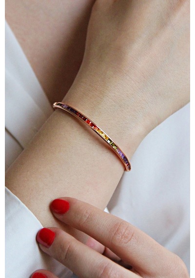 925 Ayar Gümüş Renkli Baget Taşlı Asansörlü Bileklik - B083801 Rose Gold